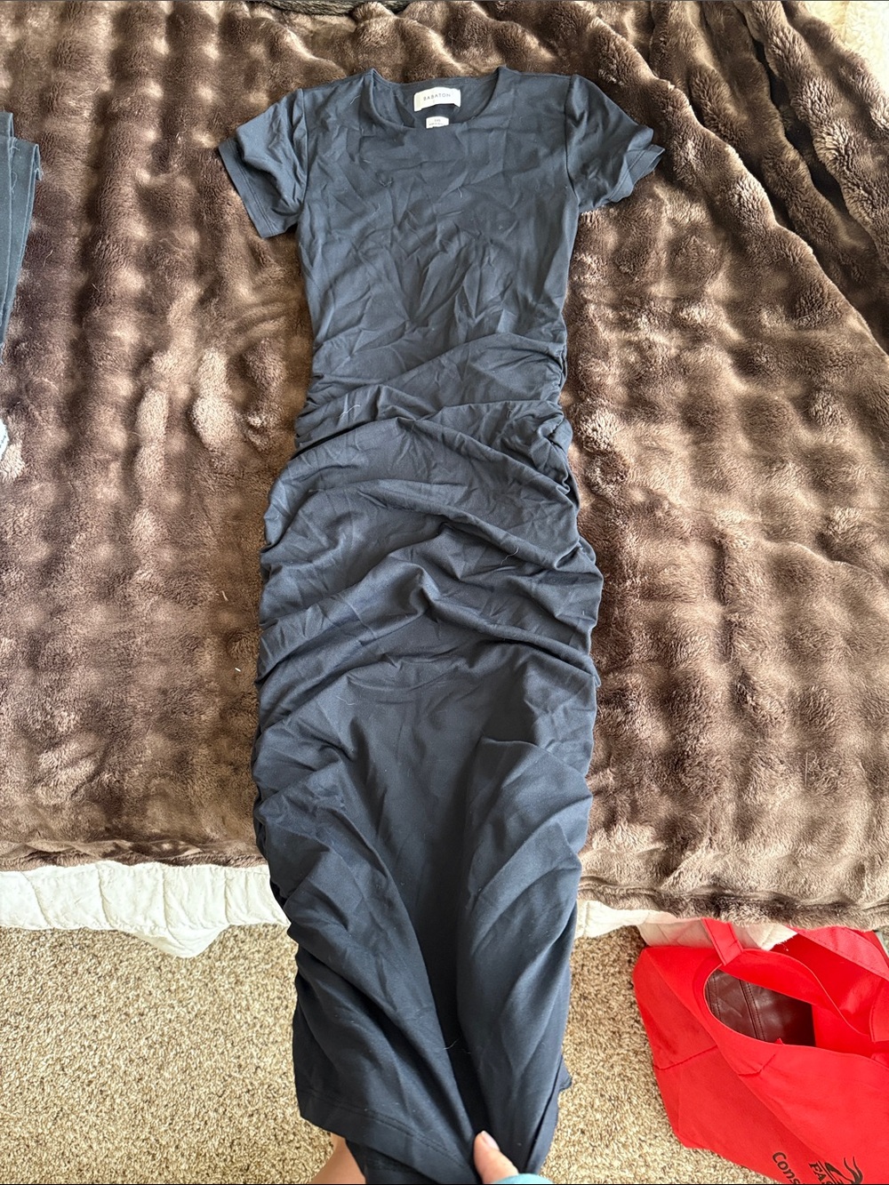 Babaton Black Ruched Short-Sleeve Maxi Dress